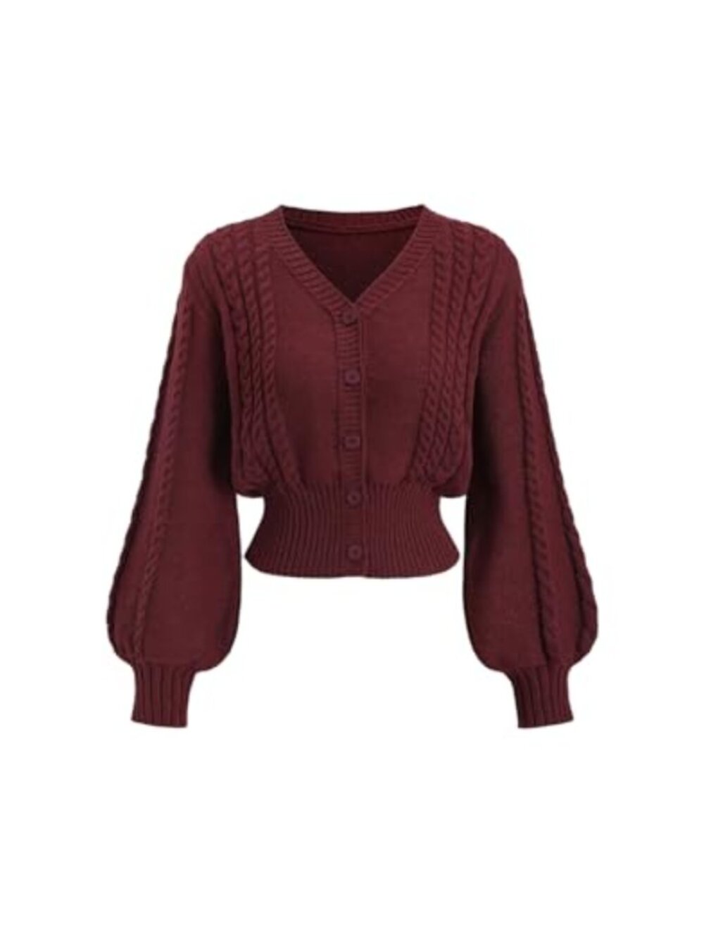 Women's Cable Knit Button Up Crop Cardigan Lantern Sleeve Cinched Waist Sweater